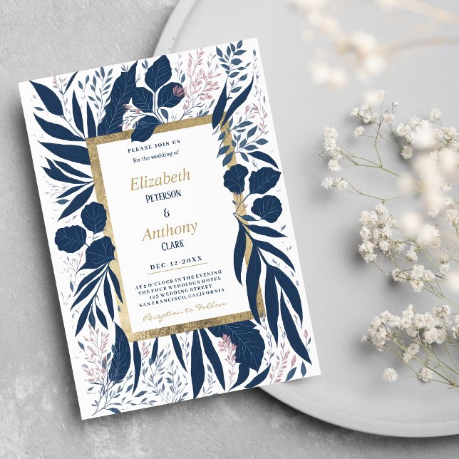 Invitación Boda floral de verano rosa azul marino dibujado a  (Hand drawn navy blue pink summer floral Wedding )