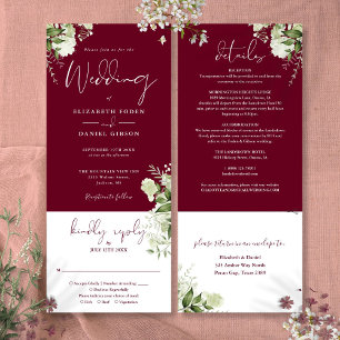 Invitación Boda floral de verde de Borgoña todo en uno