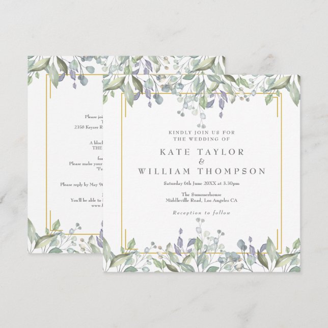 Invitación Boda floral de verde en un cuadrado todo en uno (Anverso / Reverso)