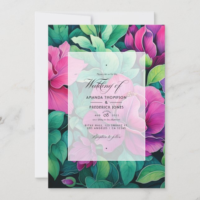 Invitación Boda floral de verde esmeralda y fucsia (Anverso)