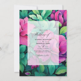 Invitación Boda floral de verde esmeralda y fucsia