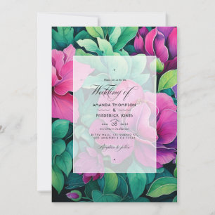 Invitación Boda floral de verde esmeralda y fucsia