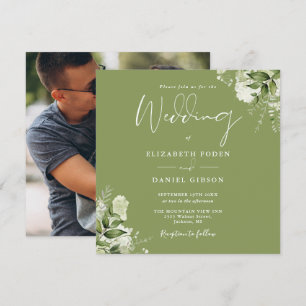 Invitación Boda floral de verde musgo Foto cuadrada