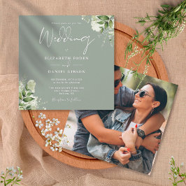 Invitación Boda floral de verde salvia con foto cuadrada