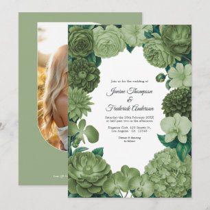 Invitación Boda floral de verde salvia con foto y código QR