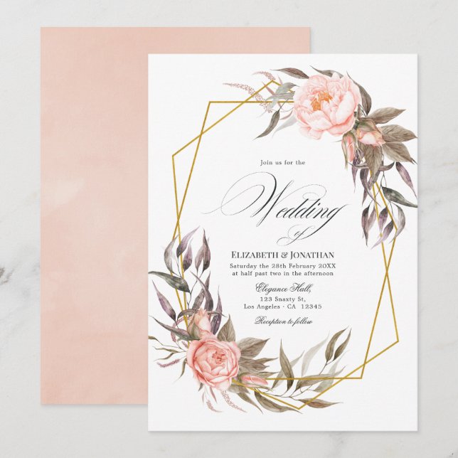 Invitación Boda floral de verde y rosa blush (Anverso / Reverso)