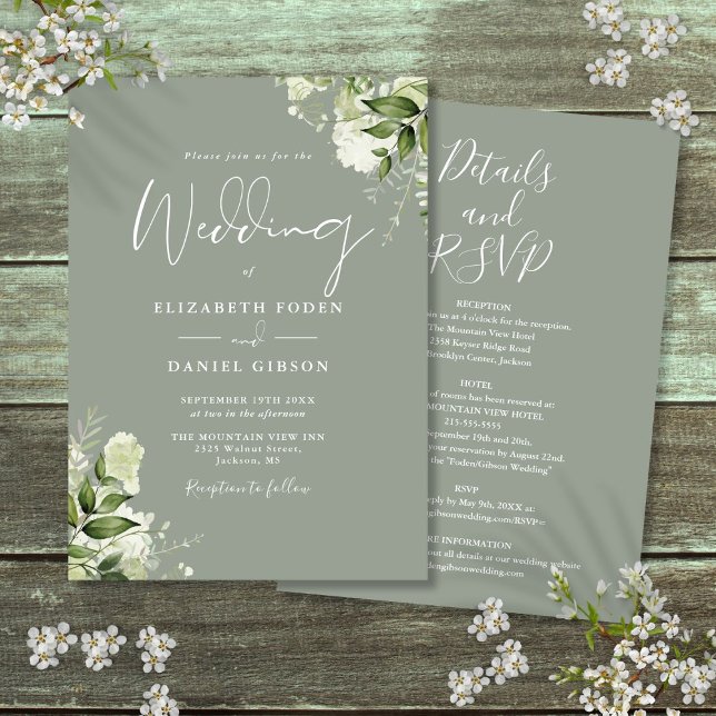 Invitación Boda Floral De Verdor Verde Y Emocionante (All In One Sage Green Greenery Floral Wedding Invitation)