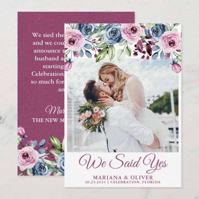 Invitación Boda floral de vino azul de la Marina (Anverso / Reverso)