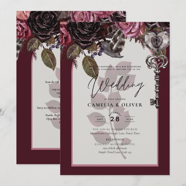 Invitación Boda floral de vino de Borgoña otoño INVITE invier (Anverso / Reverso)