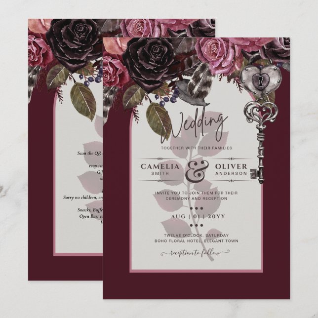 Invitación Boda floral de vino de Borgoña otoño INVITE invier (Anverso / Reverso)