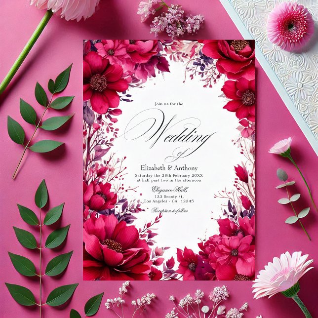 Invitación Boda floral de Viva Magenta romántica (Romantic Viva Magenta Floral Wedding Invitation)