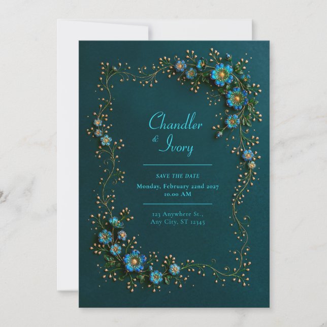 Invitación Boda floral de zafiro y turquesa (Anverso)
