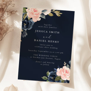 Invitación Boda floral Deep Navy Blue & Rubor