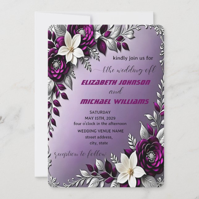 Invitación Boda Floral Deep Purple Silver (Anverso)