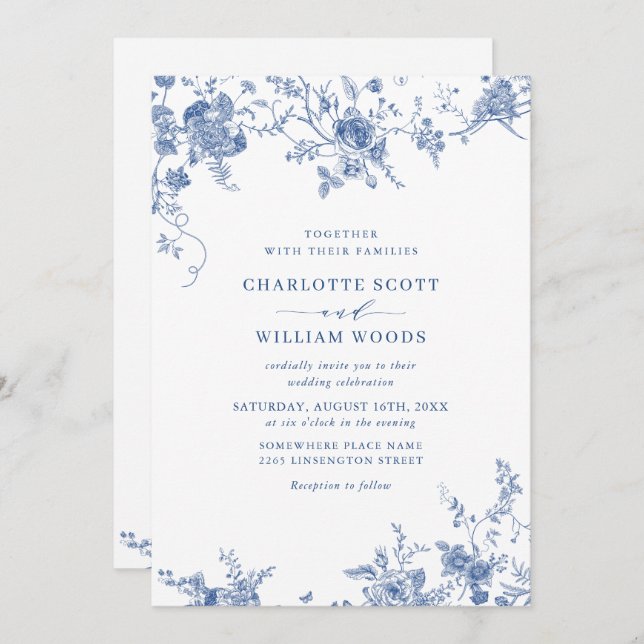 Invitación Boda floral del Blue Elegant French Garden (Anverso / Reverso)
