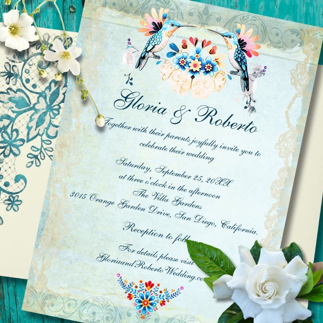 Invitación Boda floral del colibrí barroco mexicano (Romantic Mexican Baroque Hummingbird Floral wedding invitation with aqua background.)