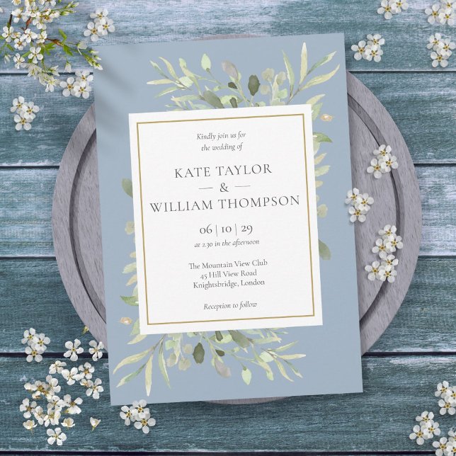 Invitación Boda floral del follaje azul turbio (Dusty Blue Greenery Foliage Floral Wedding Invitation)