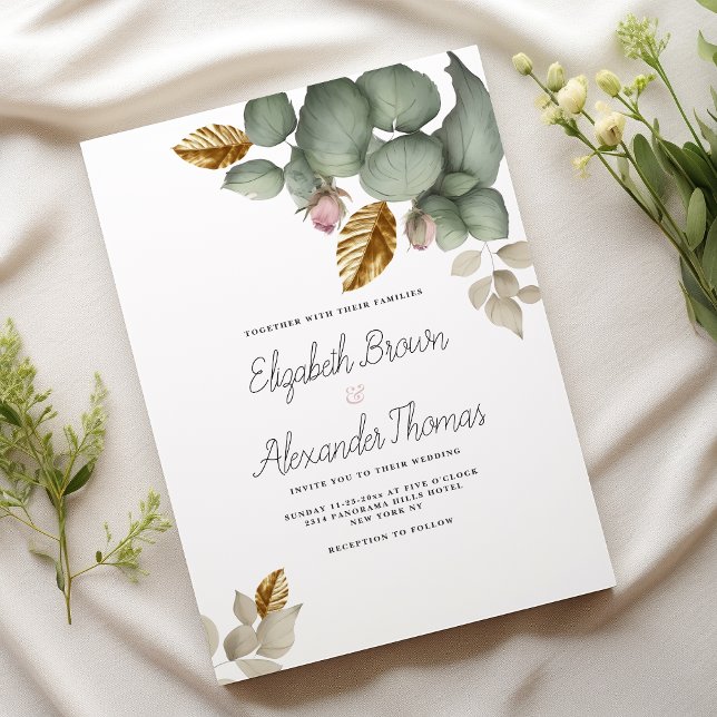 Invitación Boda floral del follaje dorado rosa verde de la me (Mint green pink gold foliage floral Wedding )