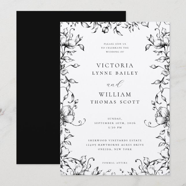 Invitación Boda Floral del Jardín Botánico Negro (Anverso / Reverso)