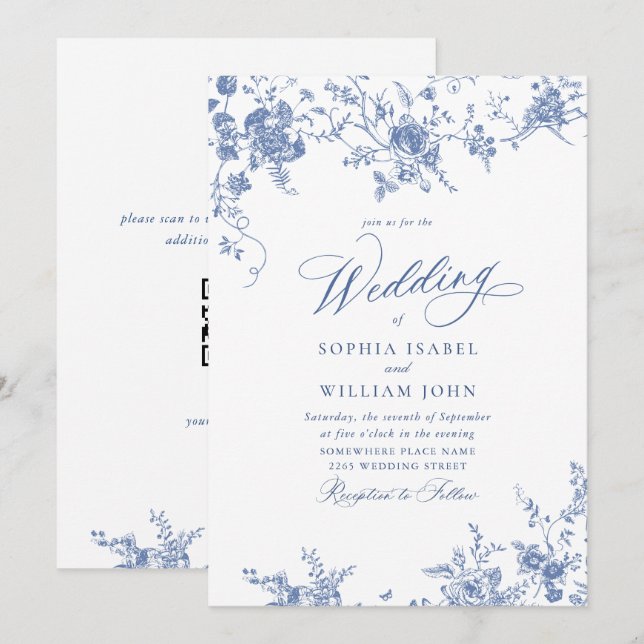 Invitación Boda Floral del Jardín Francés Azul de Victoria (Anverso / Reverso)