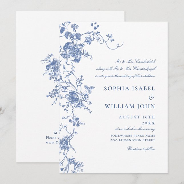 Invitación Boda Floral del Jardín Francés Azul de Victoria (Anverso / Reverso)