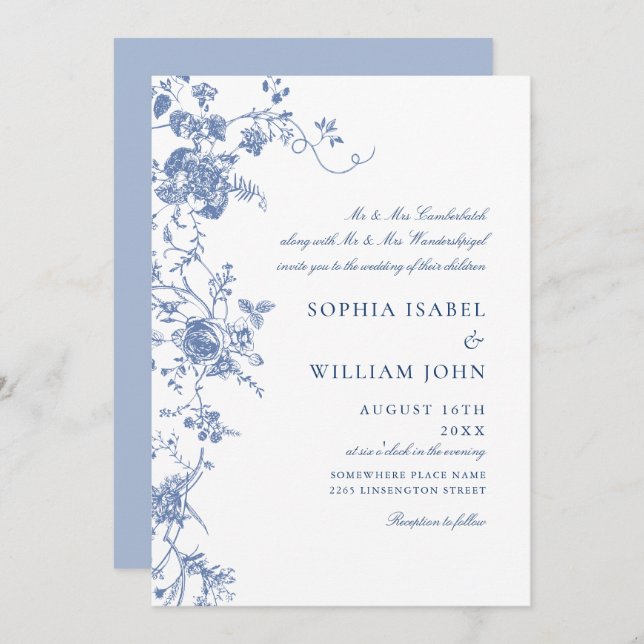 Invitación Boda Floral del Jardín Francés Azul de Victoria (Anverso / Reverso)