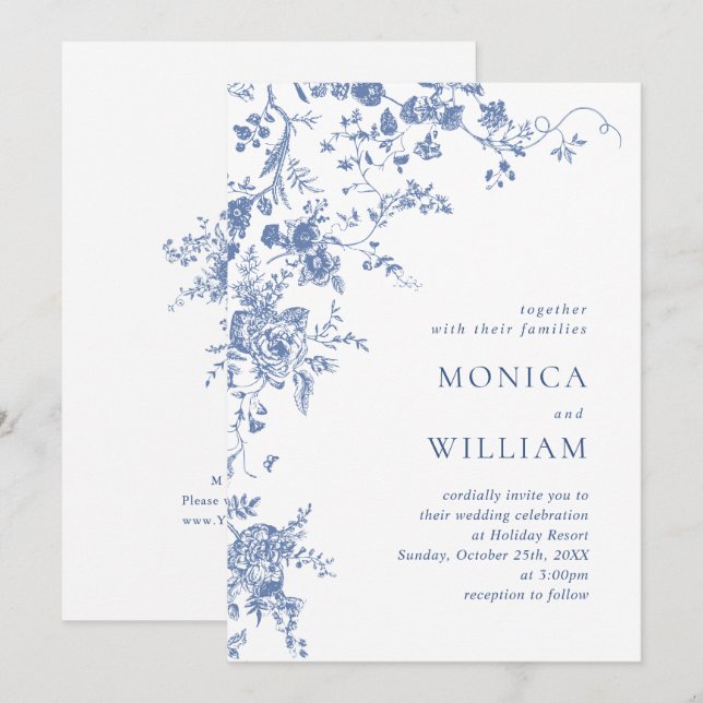 Invitación Boda Floral del Jardín Francés Azul de Victoria (Anverso / Reverso)