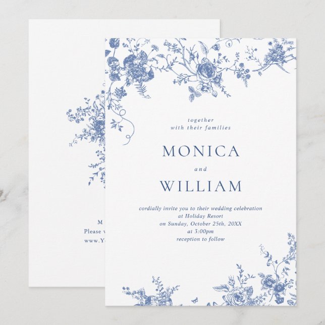 Invitación Boda Floral del Jardín Francés Azul de Victoria (Anverso / Reverso)