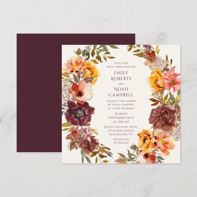 Invitación Boda floral del Naranja de ciruelas rusticas de ot (Anverso / Reverso)