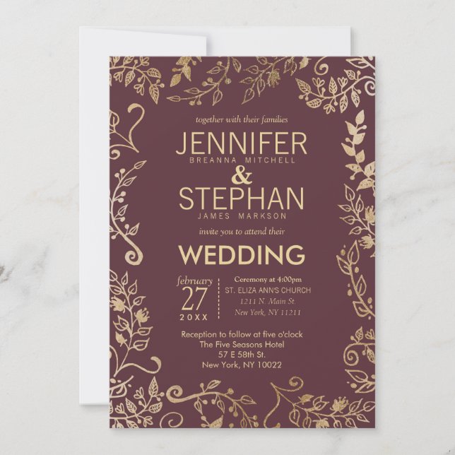 Invitación Boda floral del oro rojo elegante de Marsala (Anverso)