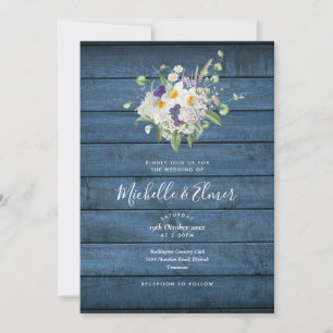 Invitación Boda floral del país de la madera de color azul ru