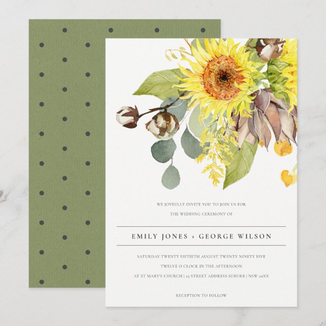 Invitación Boda FLORAL DEL PINO EUCALÍPTUS RUSTIC SUNFLOWER (Anverso / Reverso)