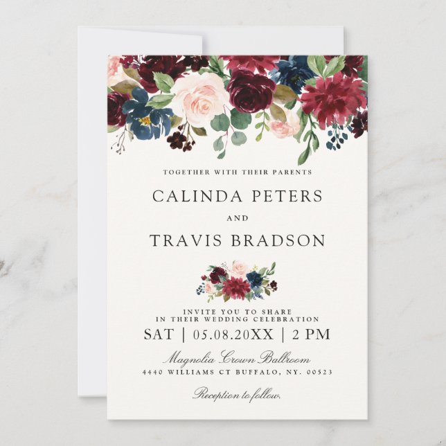Invitación Boda floral del ramo el | de Borgoña (Anverso)