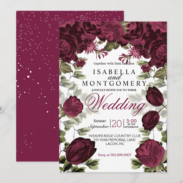 Invitación Boda floral del vino profundo botánico (Anverso / Reverso)