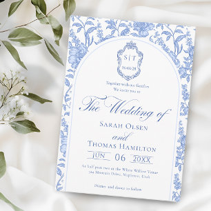 Invitación Boda Floral Delft Azul Chinoiserie Monograma