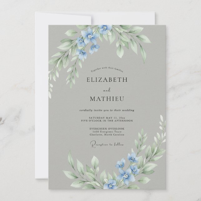 Invitación Boda floral delicada azul (Anverso)