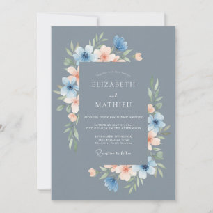 Invitación Boda Floral Delicada Azul Acero