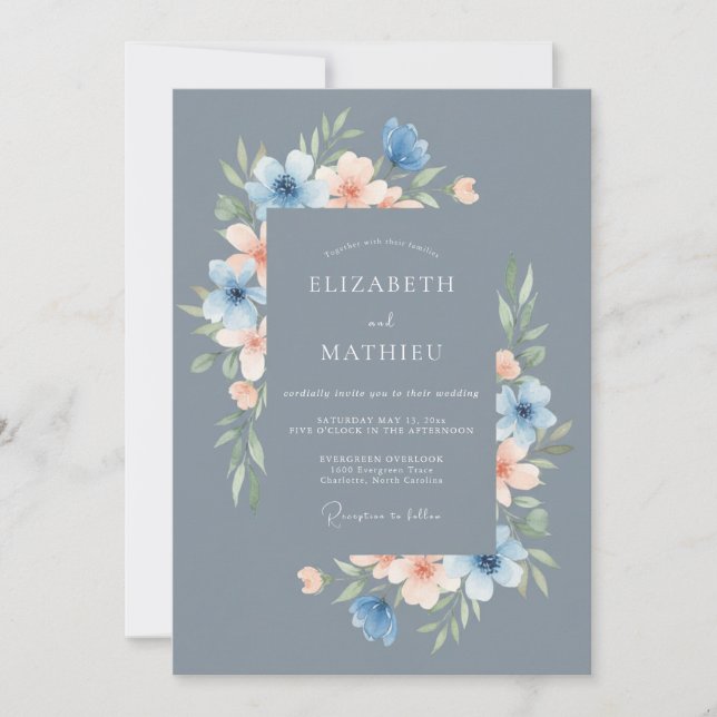 Invitación Boda Floral Delicada Azul Acero (Anverso)