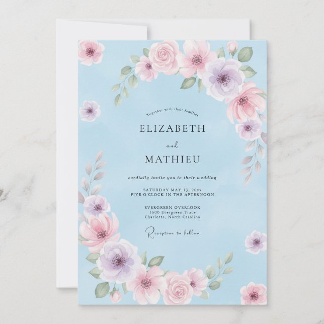 Invitación Boda floral delicada azul pastel (Anverso)