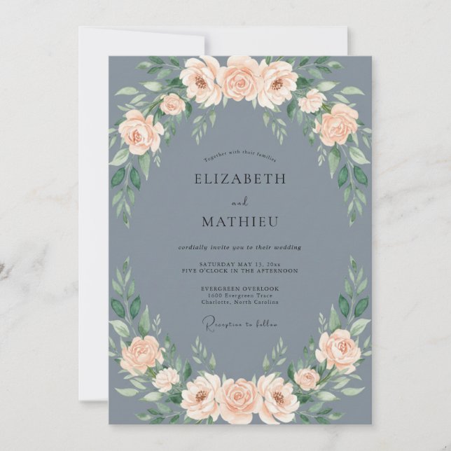 Invitación Boda floral delicada azul pizarra (Anverso)