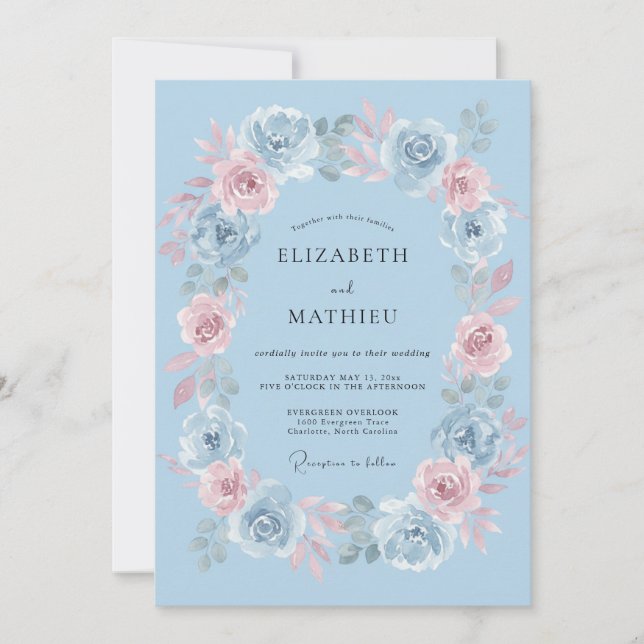 Invitación Boda floral delicada de azul claro (Anverso)