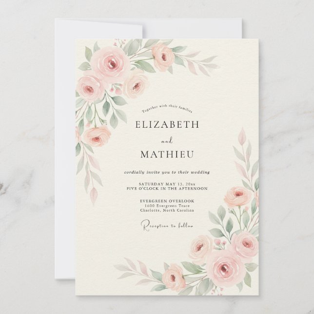 Invitación Boda floral delicada de color rosa pálido (Anverso)