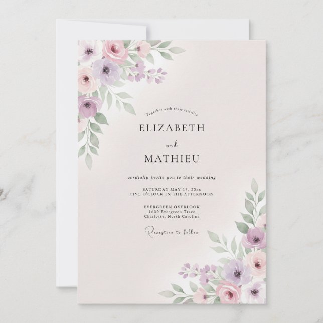 Invitación Boda floral delicada de lila (Anverso)