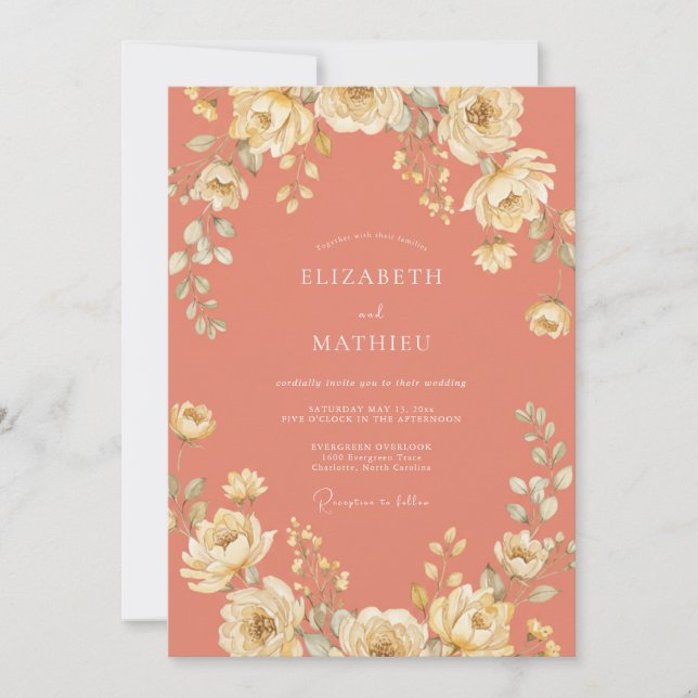 Invitación Boda Floral Delicada de Melocotón (Anverso)