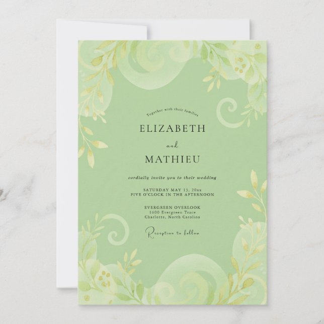Invitación Boda floral delicada de pistacho verde (Anverso)