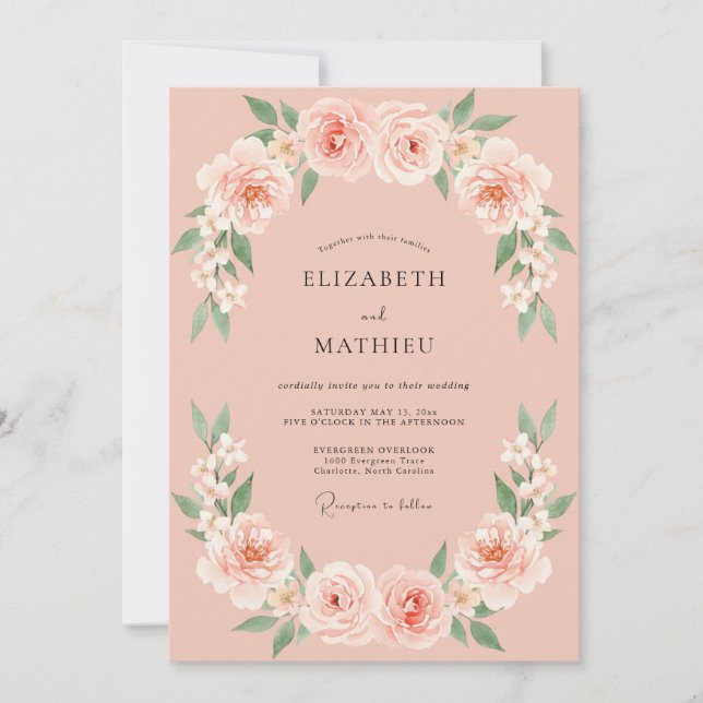 Invitación Boda floral delicada de salmón de primavera (Anverso)