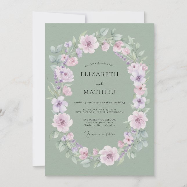 Invitación Boda floral delicada en verde salvia (Anverso)