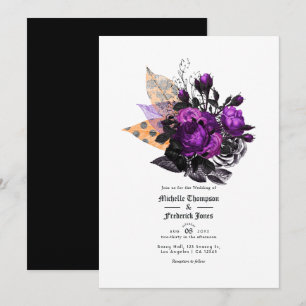 Invitación Boda floral destartalada negra, morada y naranja
