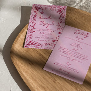 Invitación Boda floral dibujada de frambuesa rosa todo en uno