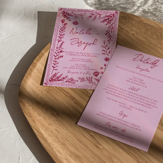 Invitación Boda floral dibujada de frambuesa rosa todo en uno (Subido por el creador)